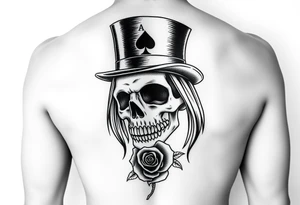 A skull with long straight hair wearing a top hat with an ace of spades in the brim and a rose in its mouth tattoo idea