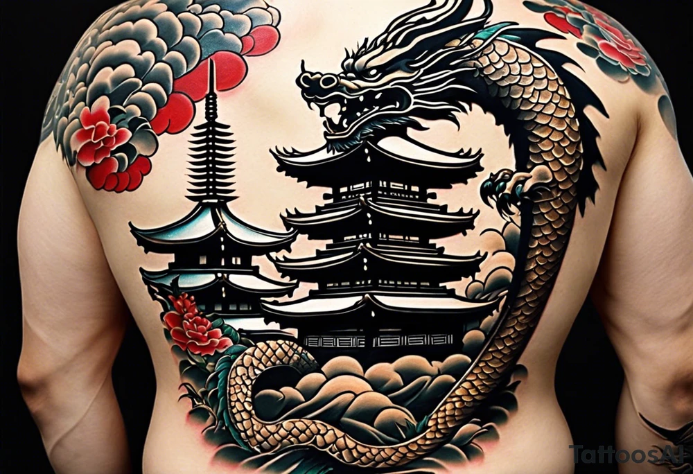 Design a striking tattoo featuring a traditional Japanese pagoda guarded by a fierce Japanese dragon. The dragon should be coiled around the pagoda, symbolizing protection, with its scales intricately detailed and claws gripping the structure. The pagoda is multi-tiered, ornate, and reflects traditional Japanese architecture, with curved roofs and wooden beams. The dragon’s body wraps around each level of the pagoda, with its head rising above, exuding power and vigilance. Surround the scene with subtle elements like swirling clouds, adding depth and a mystical atmosphere. The overall style should blend realism with traditional Japanese tattoo art, incorporating bold lines and rich shading. tattoo idea