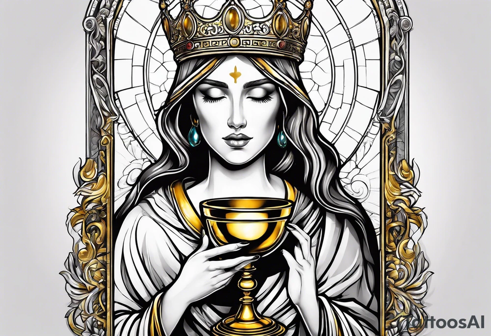 holy saint woman turned away with golden halo holding a chalice tattoo idea