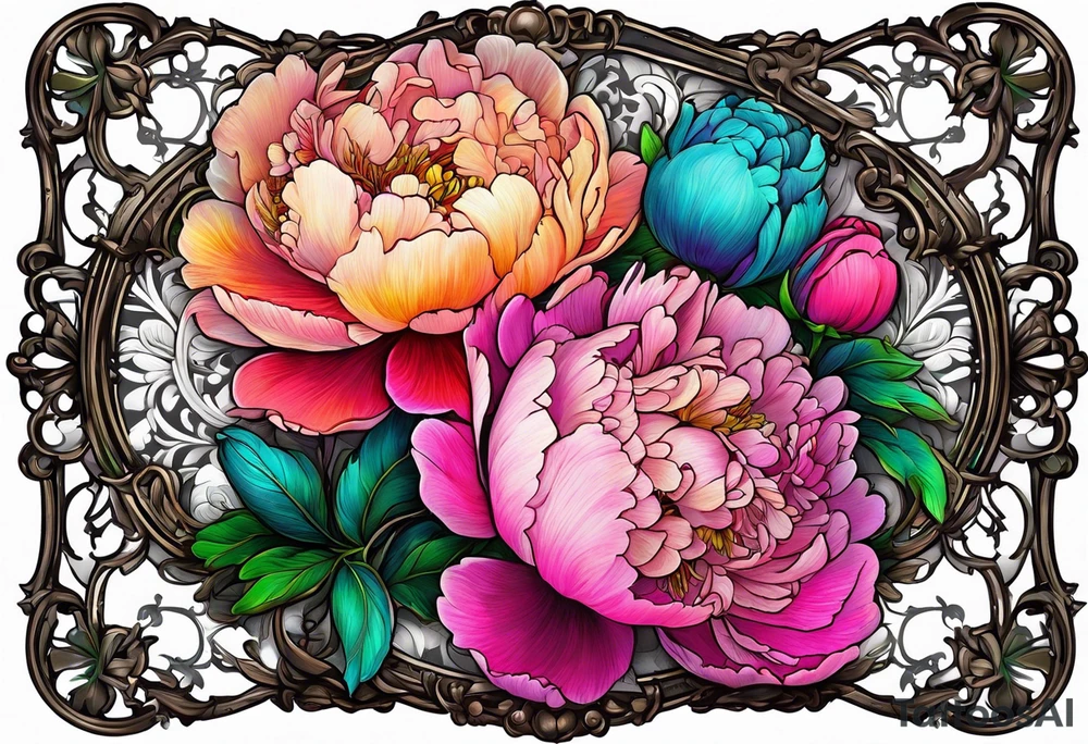 neon colorful peonies,neon colored, surrounding a beautiful intricate victorian style picture frame with filigree tattoo idea