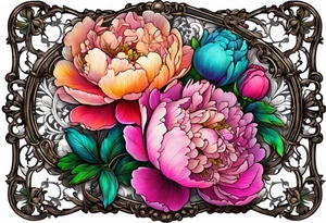 neon colorful peonies,neon colored, surrounding a beautiful intricate victorian style picture frame with filigree tattoo idea