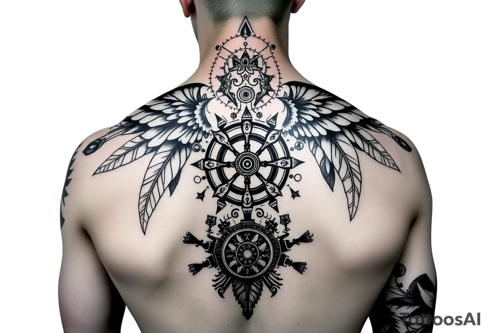 Can you help me design my next tattoo? I already have Polynesian-style tattoos covering left shoulder blade and second in the middle of back going along the spine up till my neck, and I’m looking for ideas to fill the white space between them. I haven’t been able to come up with anything that works.

I’d like the new elements to be in a different style than Polynesian, but still visually cohesive so they complement the existing tattoos rather than clash with them. Maybe steampunk tattoo idea
