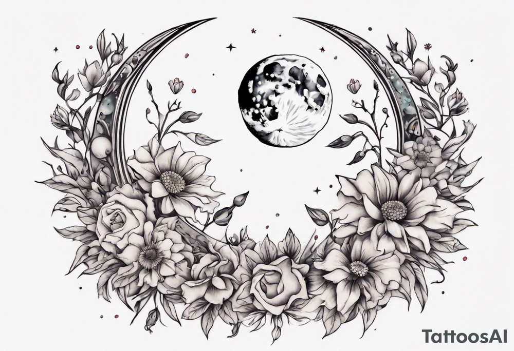 moon with flowers around it tattoo idea