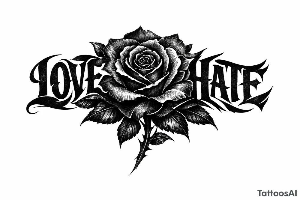 Single rose, petals morphing into bold love and hate lettering. tattoo idea