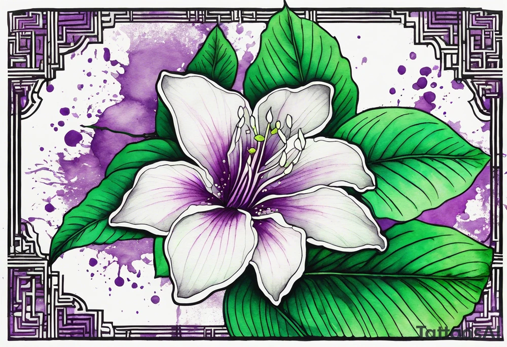 A mystical outline of a green with a bit of purple rio dipladenia flower and a green and purple watercolor splash in the background tattoo idea
