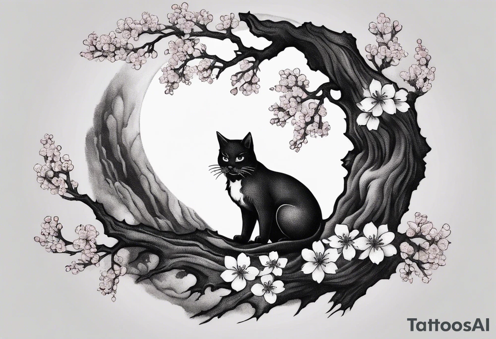 cherry blossom branch meeting with a dying pine tree with hidden cute demon cat tattoo idea