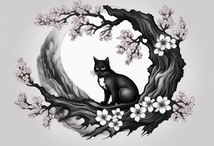 cherry blossom branch meeting with a dying pine tree with hidden cute demon cat tattoo idea