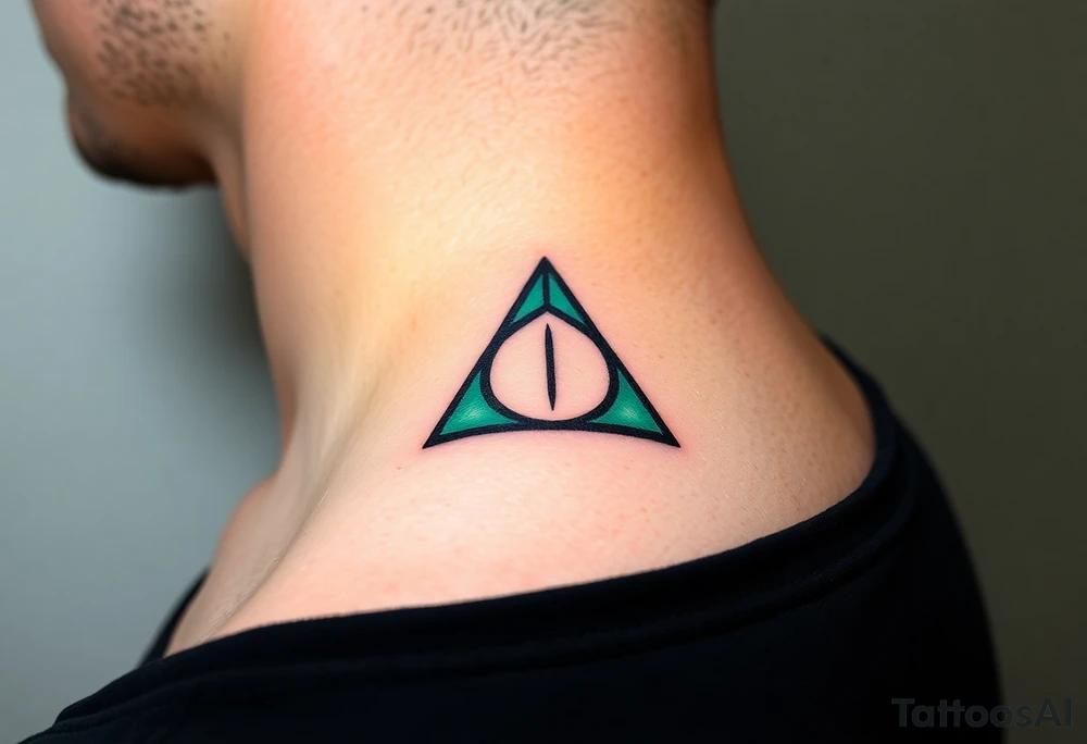 A geometric Deathly Hallows full symbol filled with gradient shades of emerald green and dark obsidian tattoo idea