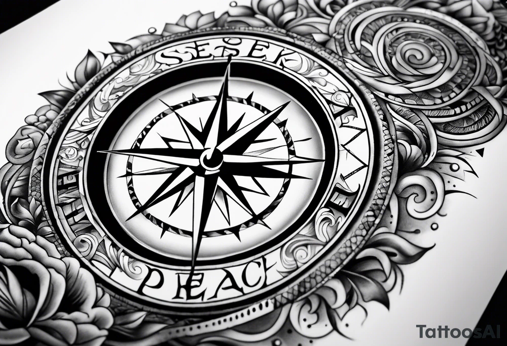 A arm tattoo that consists of a compass, the words seek peace and pursue it, tattoo idea