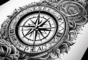 A arm tattoo that consists of a compass, the words seek peace and pursue it, tattoo idea