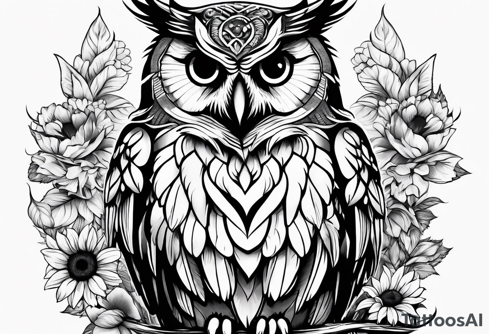 Owl with angel wings, sunflowers and butterflies sleeve tattoo idea