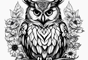 Owl with angel wings, sunflowers and butterflies sleeve tattoo idea