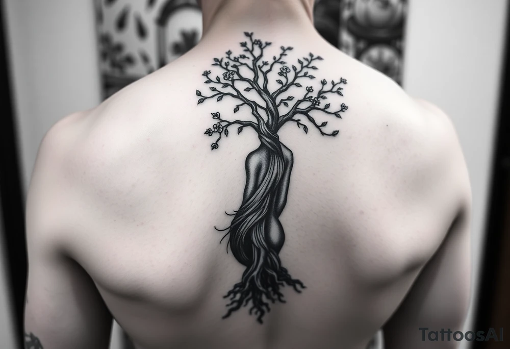 back tattoo with proverbs 31 with tree of life woman tattoo woman’s body as the trunk with no head  with roots and branches from neck with  small flowers from a few branches tattoo idea