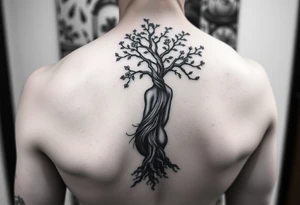back tattoo with proverbs 31 with tree of life woman tattoo woman’s body as the trunk with no head  with roots and branches from neck with  small flowers from a few branches tattoo idea