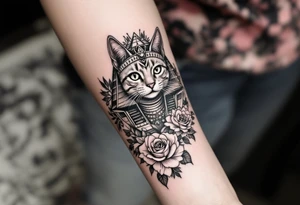 Egyptian cat with pyramids and roses tattoo idea