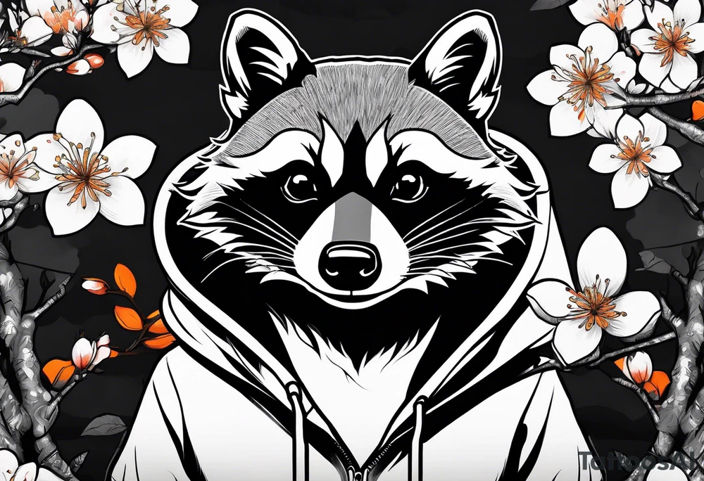 raccoon wearing a black and white Superman hoodie and orange Japanese cherry blossoms tattoo idea