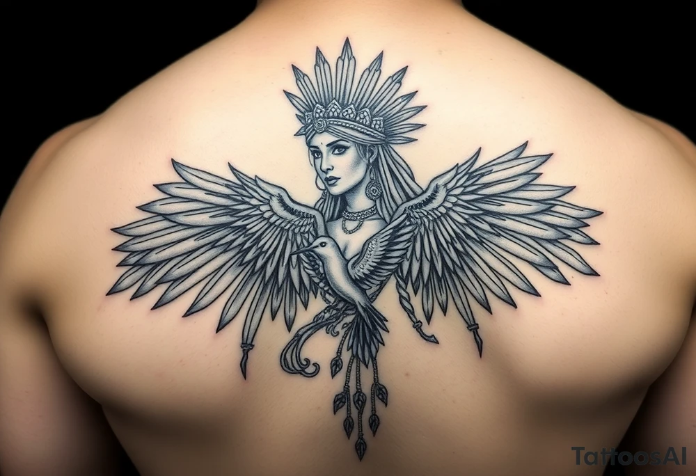 Purepecha princess surrounded by purepecha symbols with hidden hummingbird tattoo idea