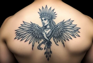 Purepecha princess surrounded by purepecha symbols with hidden hummingbird tattoo idea