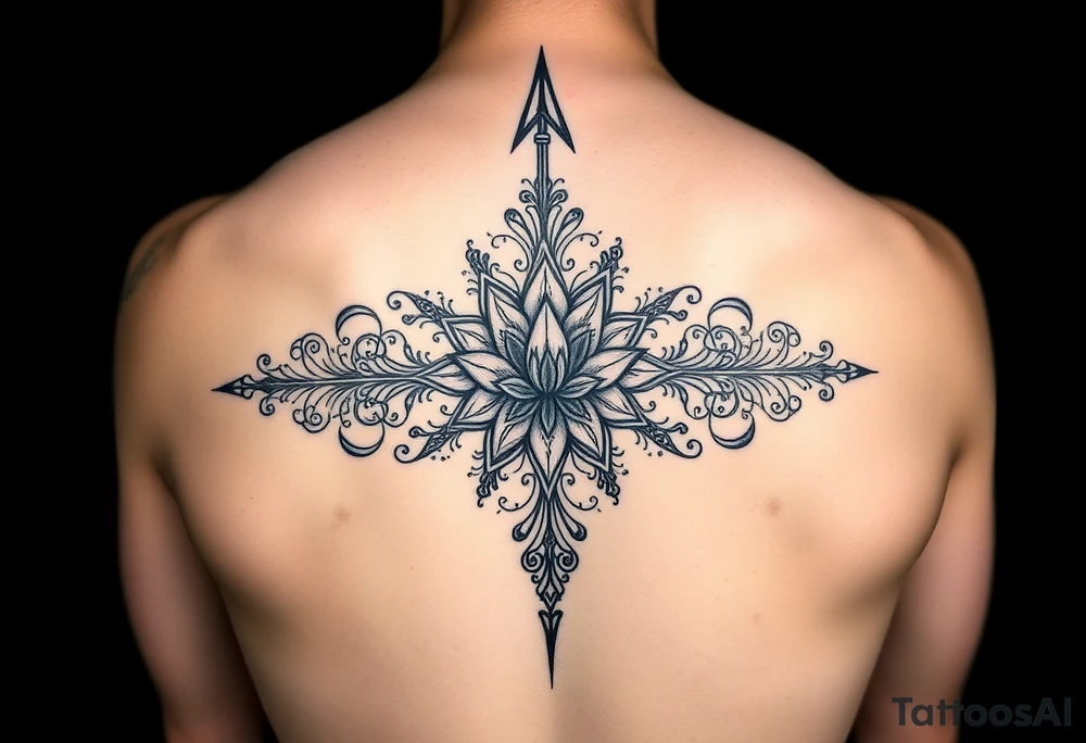 spine tattoo design with symmetrical ornamental patterns, combining dotwork, mandala elements, and flowing lines that follow the natural curves of the body. The design is intricate and balanced. to cover up a dark arrow with lotus flower in middle tattoo idea