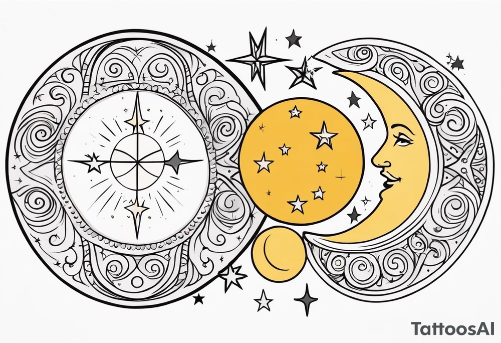 Western sun stars and moon. Mirrored with swirls and dots and stars tattoo idea