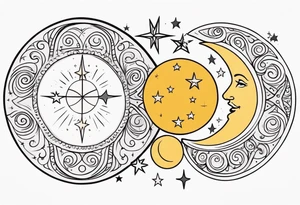 Western sun stars and moon. Mirrored with swirls and dots and stars tattoo idea