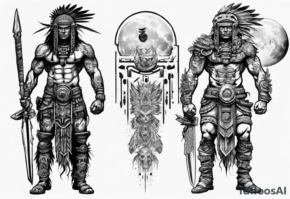 cyberpunk Aztec warrior standing tall after a battle in a field under the moon tattoo idea