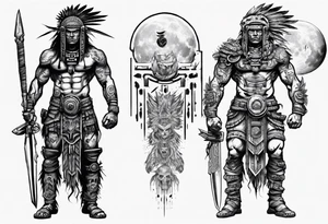 cyberpunk Aztec warrior standing tall after a battle in a field under the moon tattoo idea