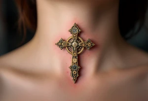 Vintage Cross with Clockwork Design – A tiny vintage bronze cross featuring intricate clock gears in gold and rust, combining faith and time, with some soft shading in the middle of a neck. tattoo idea