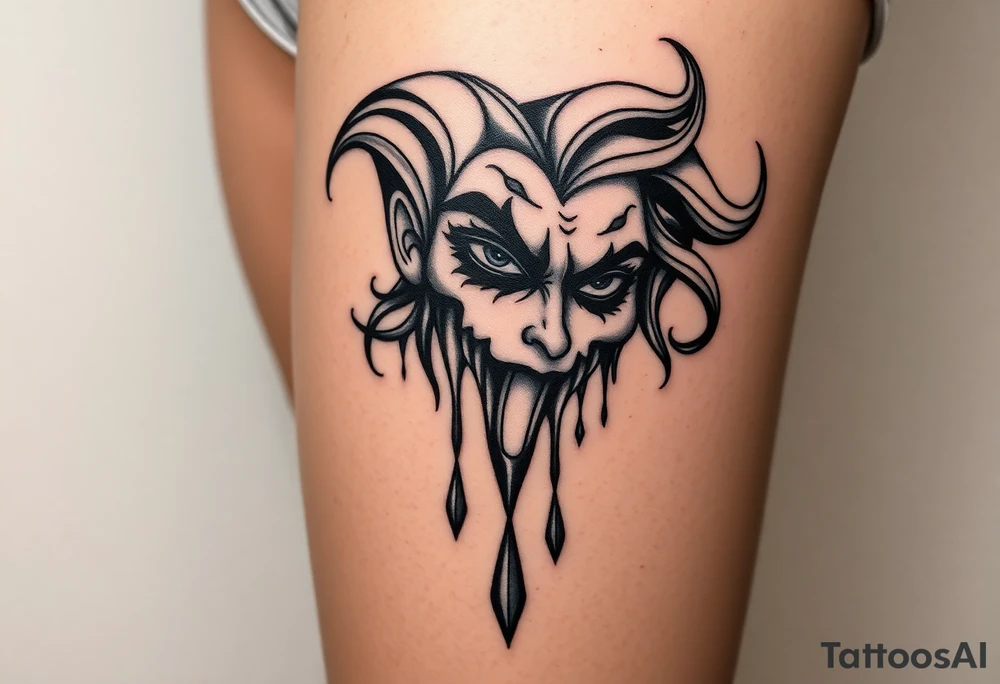 Powerful new age joker half face dripping surrounded with tribal tattoo idea