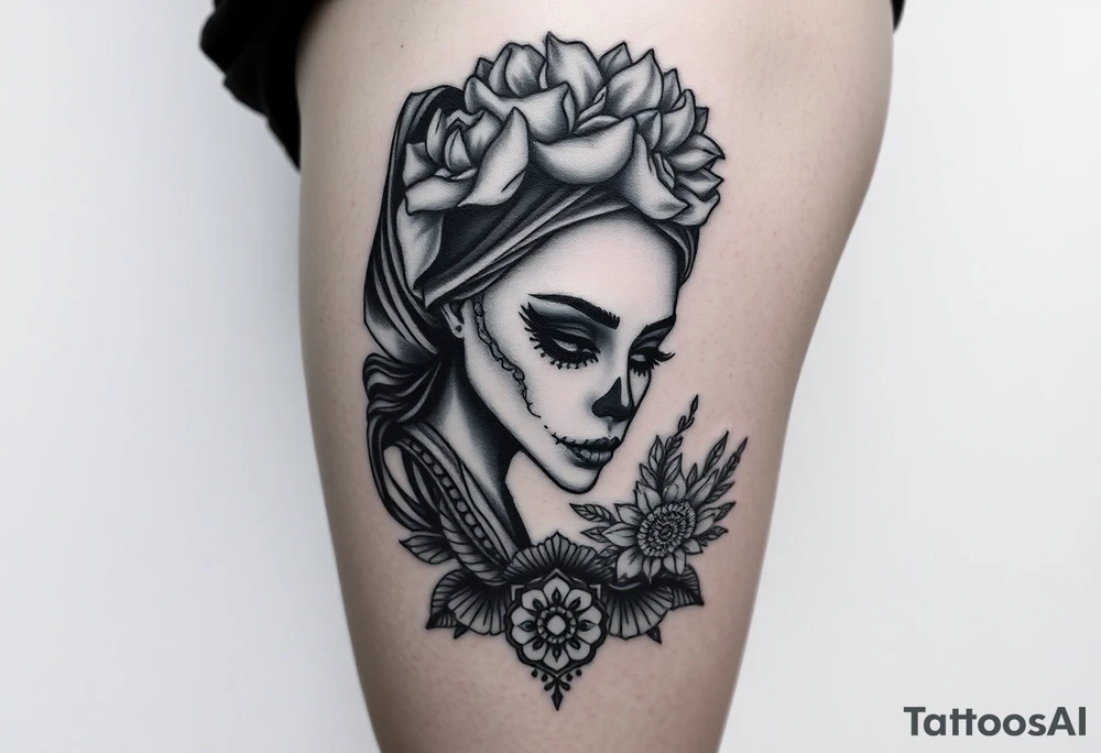 Eine sehr realistisch aussehende moderne la Catrina auf dem gesamten forderten Oberschenkel verbunden mit einem mandala auf dem Knie tattoo idea
