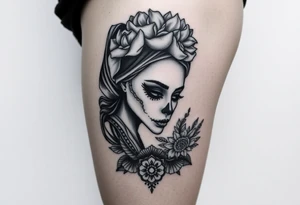 Eine sehr realistisch aussehende moderne la Catrina auf dem gesamten forderten Oberschenkel verbunden mit einem mandala auf dem Knie tattoo idea