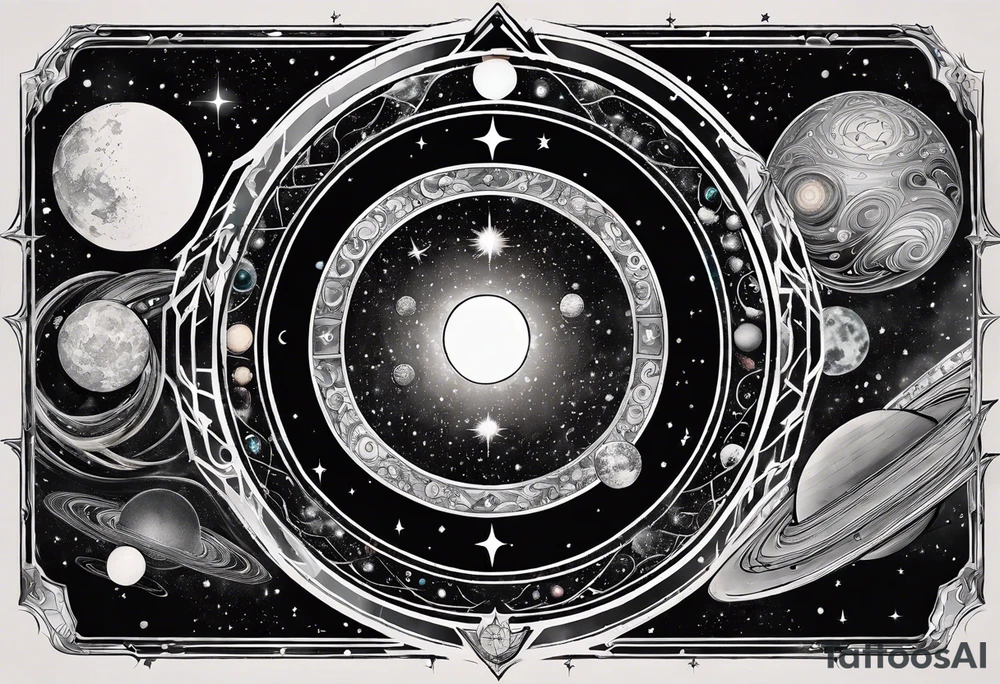 A tattoo featuring a cosmic scene with planets, black holes, and supernovae intertwined with intricate linguistic symbols, reflecting the client's interests in cosmology and linguistics. tattoo idea