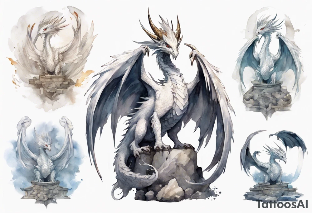 a white feathered bird-like dragon wearing a plain iron diadem, standing on a stone throne tattoo idea