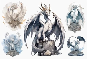 a white feathered bird-like dragon wearing a plain iron diadem, standing on a stone throne tattoo idea