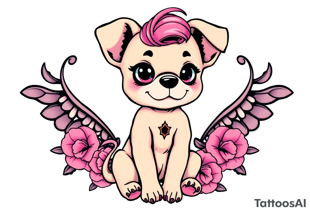 goth sexy puppy girl with big boobs and pink hair full human body tattoo idea