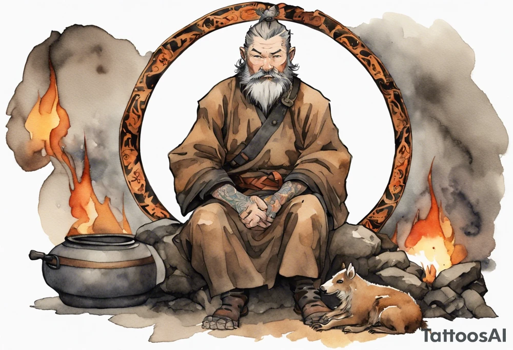 a 55-year-old large Norseman with a grey beard wearing a brown and black tunic sitting by a hearth with his hand on a large boar tattoo idea