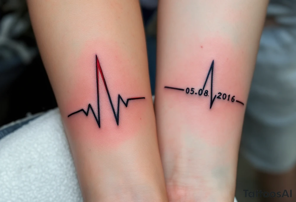 Two heartbeat lines ending in a red spike with your wedding date (05.08.2016) in cursive on both forearm. tattoo idea