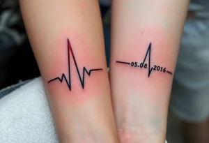 Two heartbeat lines ending in a red spike with your wedding date (05.08.2016) in cursive on both forearm. tattoo idea