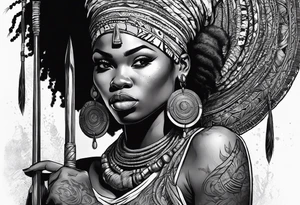 African woman warrior holding spear with deadlocks and earrings. tattoo idea