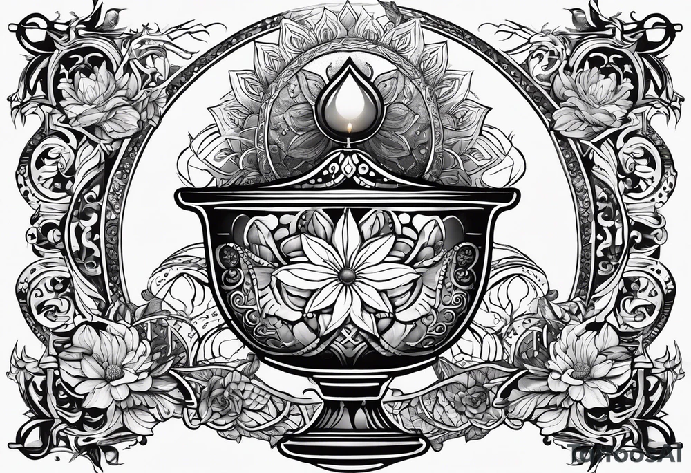 Illustrate a sacred chalice filled with symbolic water from different religious traditions, representing the shared essence of purity and spiritual nourishment. tattoo idea