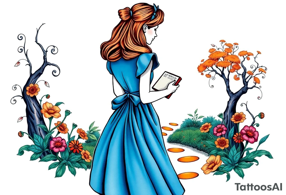 Alice (from Alice in wonderland) silhouette wearing a blue dress. Perspective from the back. She is caring a book, entering a garden with flowers and an orange tree tattoo idea