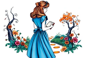 Alice (from Alice in wonderland) silhouette wearing a blue dress. Perspective from the back. She is caring a book, entering a garden with flowers and an orange tree tattoo idea