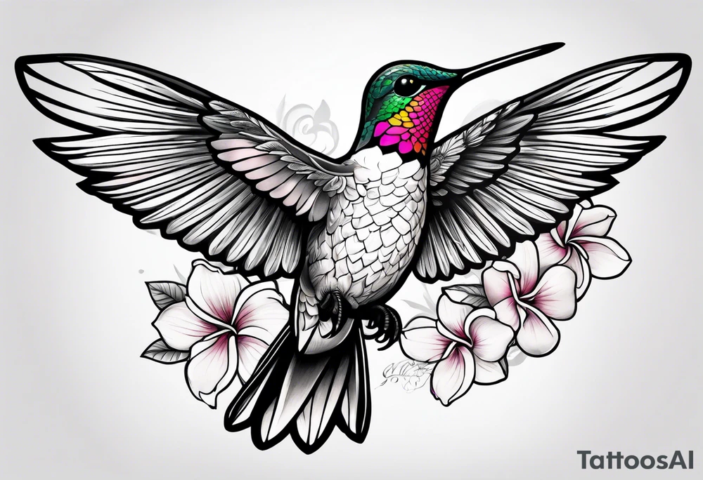 Hummingbird with a plumeria masculine style colorful tattoo idea