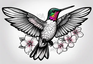 Hummingbird with a plumeria masculine style colorful tattoo idea