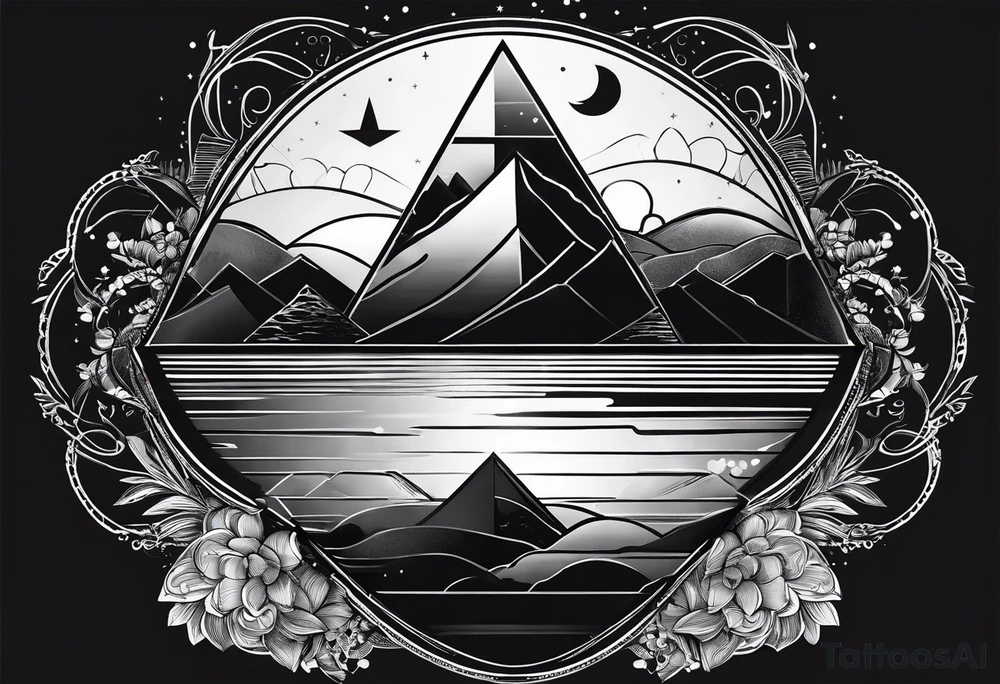 Two triangles, vertically mirroring each other. The top triangle has the a mountain landscape during the night and the Bottom one has beach sunset landscape. tattoo idea