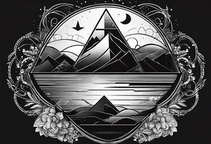 Two triangles, vertically mirroring each other. The top triangle has the a mountain landscape during the night and the Bottom one has beach sunset landscape. tattoo idea