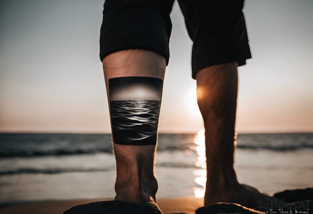 Minimalistic, small, black and white tattoo on male forearm. From the perspective of being on the ocean, the water is calm, with no waves in sight, the sun is setting behind the ocean, reflecting light onto the water. The tattoo in the shape of a rectangle, 4 inches wide by 2 inches tall. tattoo idea