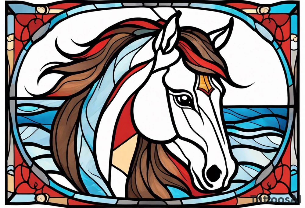 stained glass window with a red and brown horse's head rising from the blue ocean waves tattoo idea