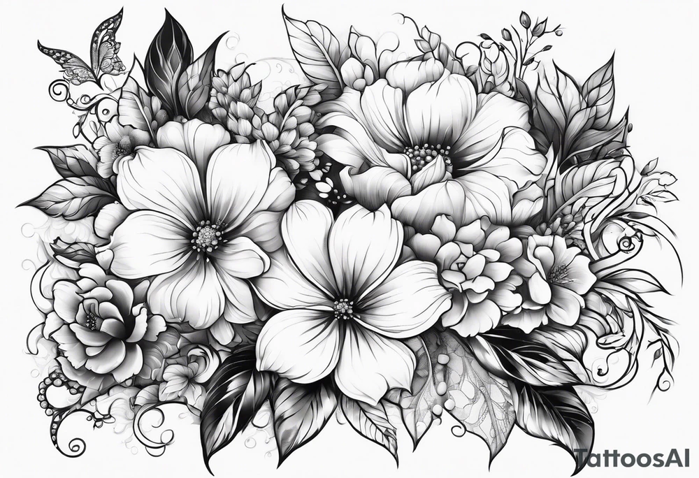 Floral leg piece with beading and lace tattoo idea