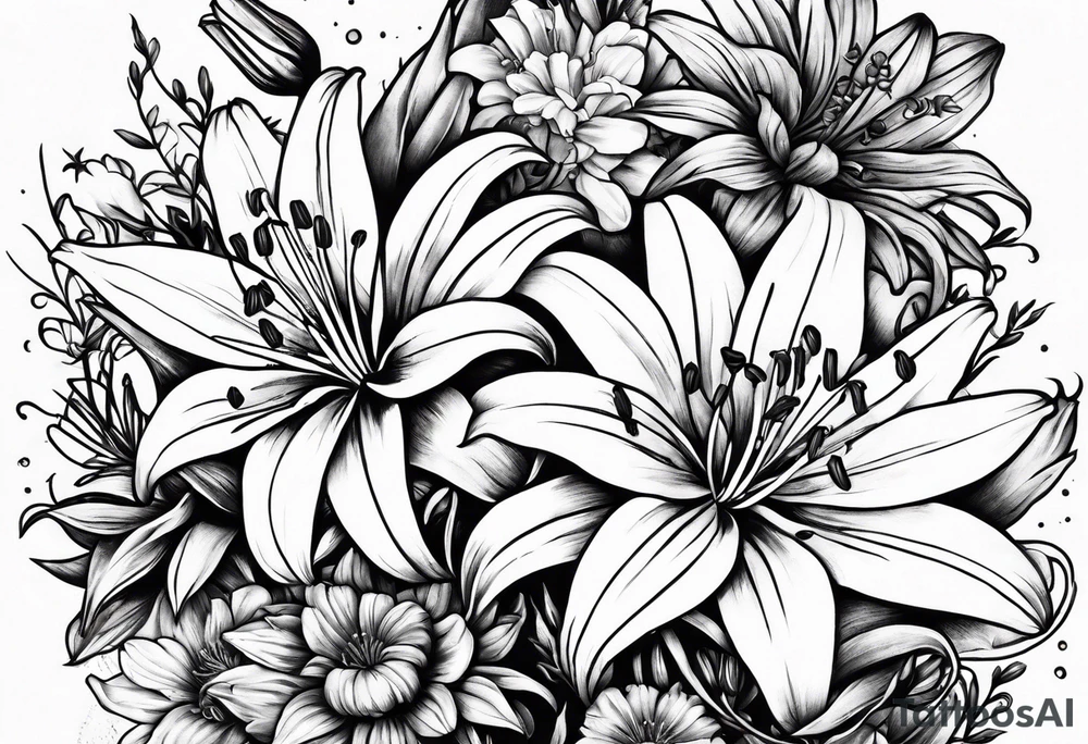 Bouquet of lily, marigold, cosmo, and aster tattoo idea Bouquet of lily, marigold, cosmo, and aster tattoo idea